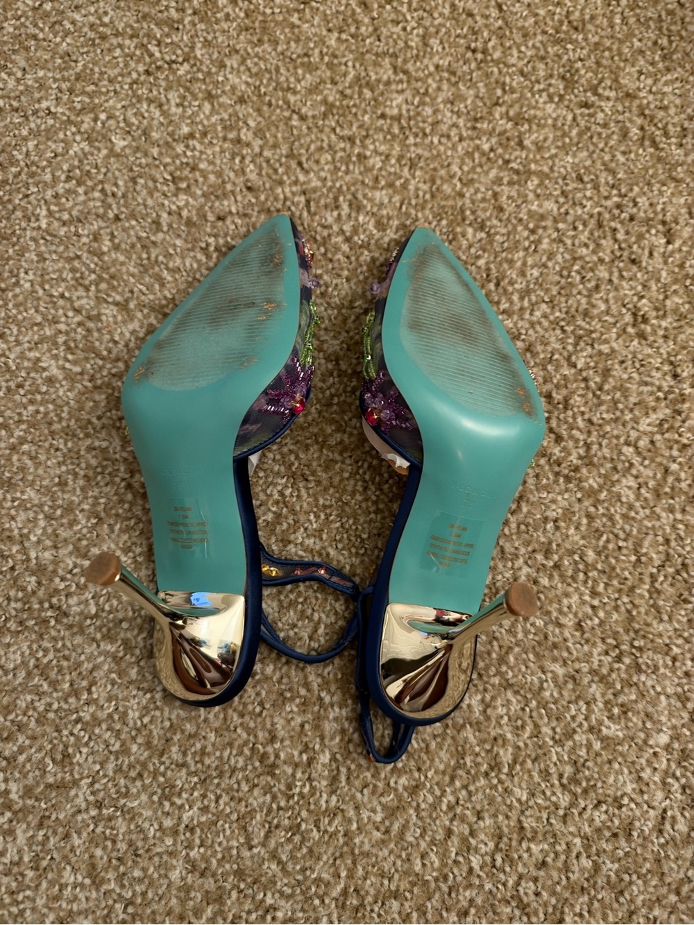 Betsey Johnson Navy Mesh Slingback Heels with Multicolor Floral Embellishments - Picture 4 of 7
